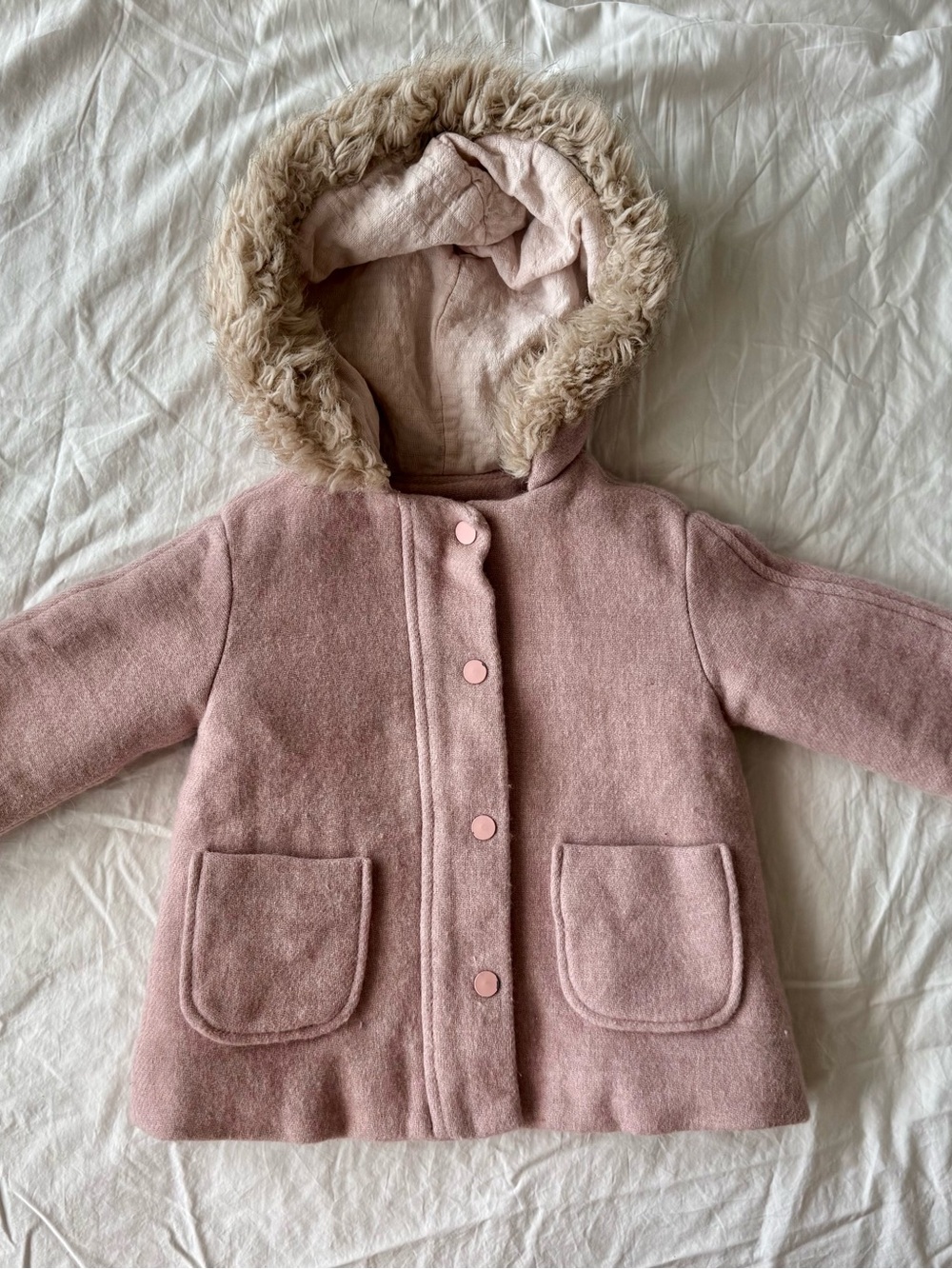 Zara Girls Pale Pink Pea Coat with Faux Fur Trimmed Hood